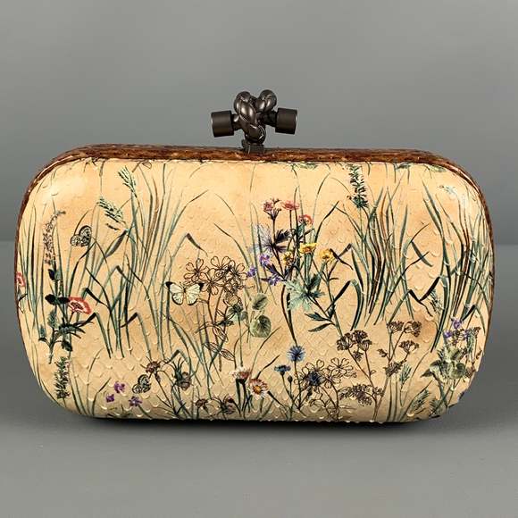 BOTTEGA VENETA Beige Floral Python Skin Leather Pochette Knot Clutch - Picture 5 of 11